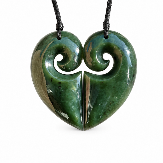 Greenstone Shared Heart Koru Pendant Set – 50mm Hand-Carved Couples Necklace Carving Studio NZ