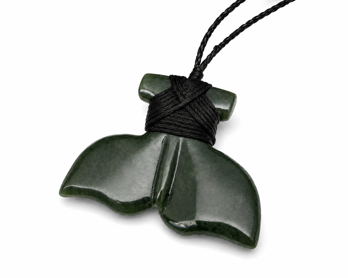 Large Greenstone Whale Tail Pendant – 54mm Hand-Bound Necklace Carving Studio NZ