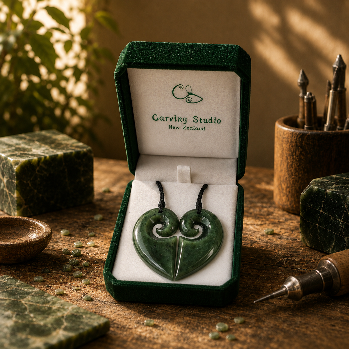 Greenstone nephrite jade heart koru couple pendant set presented in luxury velvet gift box with story meaning card by Carving Studio NZ