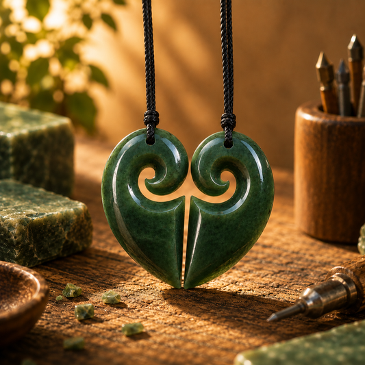 Hand-carved greenstone  shared heart koru couple pendant set  Carving Studio NZ