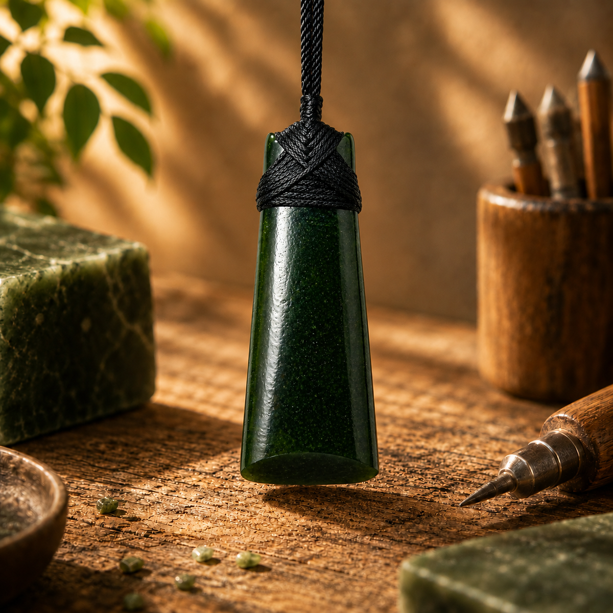 X-large dark greenstone nephrite jade toki pendant 106mm with traditional hand-lashing cord | Carving Studio NZ