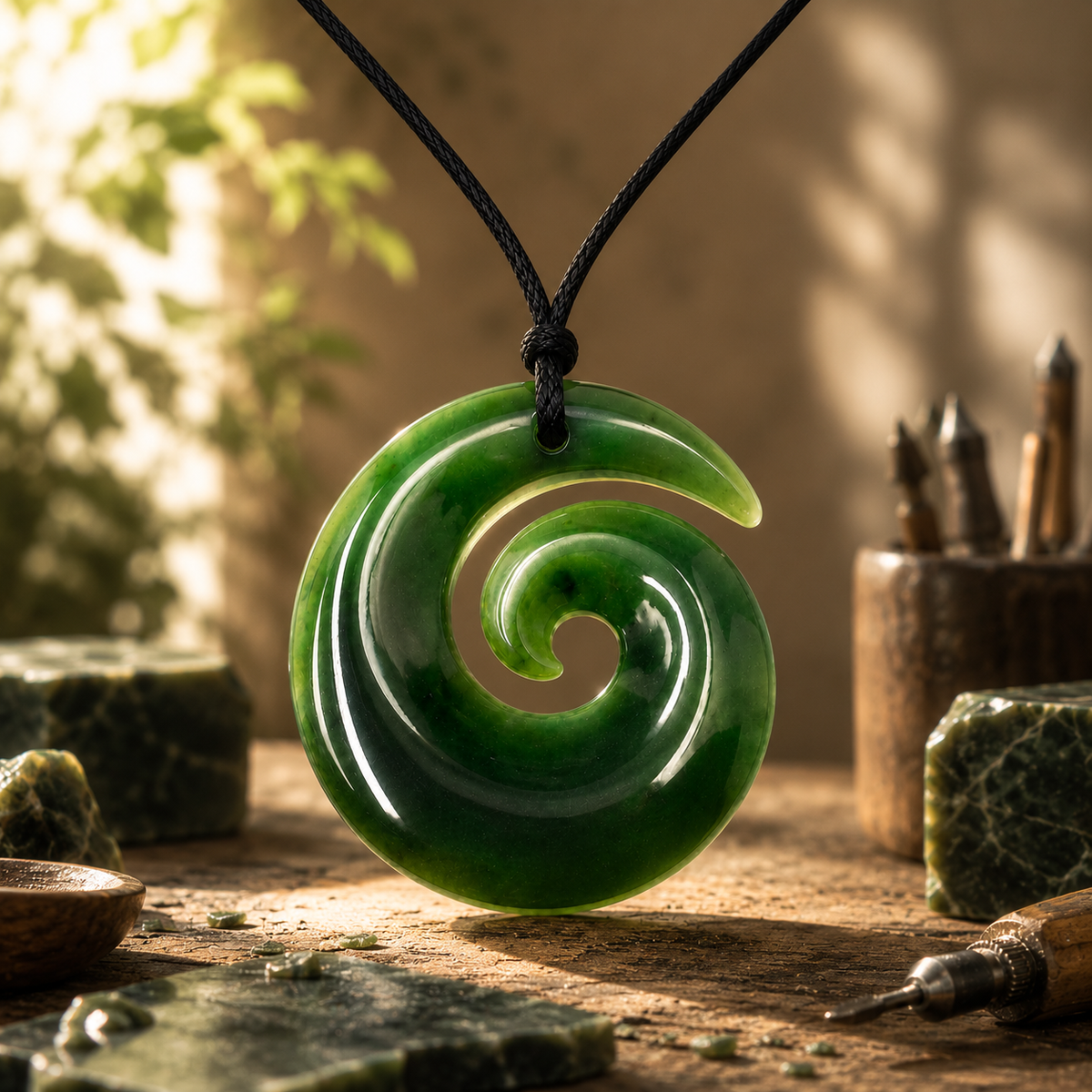 Hand-carved greenstone nephrite jade koru pendant with adjustable cord and story meaning card by Carving Studio NZ