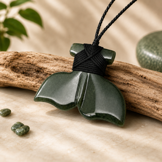 Large hand-carved greenstone nephrite jade whale tail pendant 54mm with hand-bound cord by Carving Studio NZ