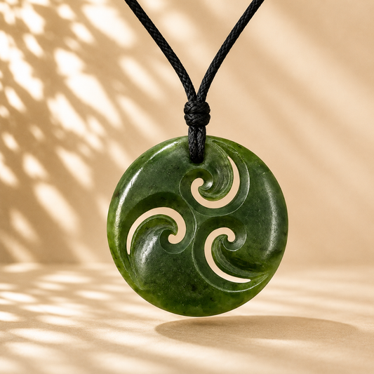 Greenstone Nephrite Jade Triple Koru Pendant – 37mm Hand-Carved Necklace I Carving Studio NZ