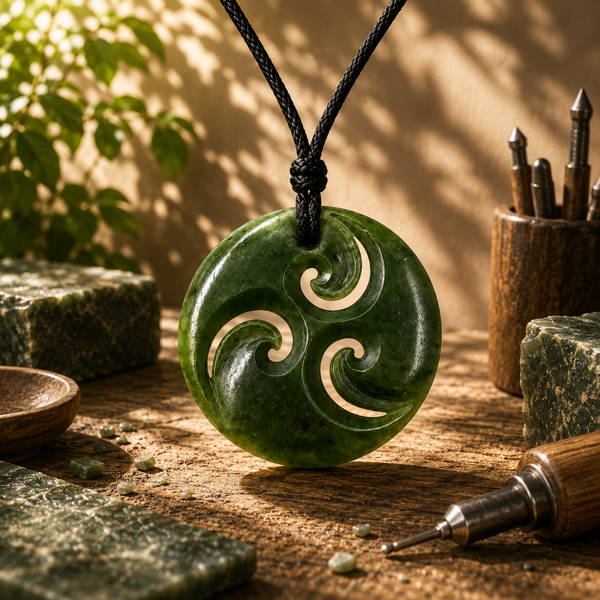 Hand-carved greenstone nephrite jade triple koru pendant 37mm by Carving Studio NZ