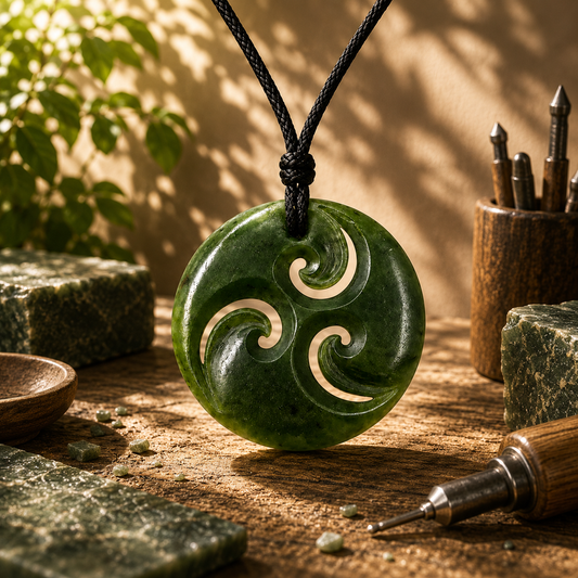 Hand-carved greenstone nephrite jade triple koru pendant 37mm by Carving Studio NZ