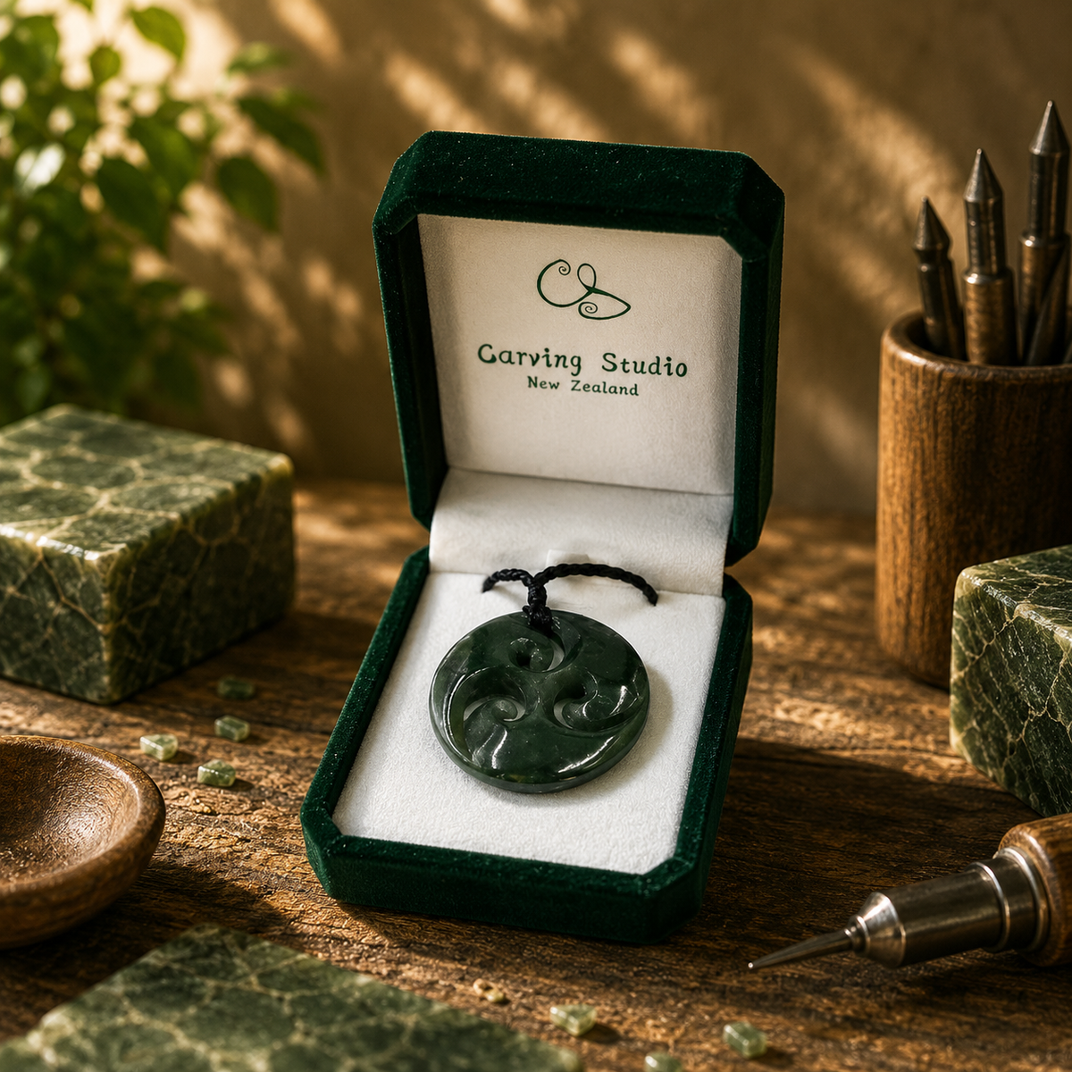 Greenstone nephrite jade triple koru pendant presented in luxury velvet gift box with story meaning card by Carving Studio NZ