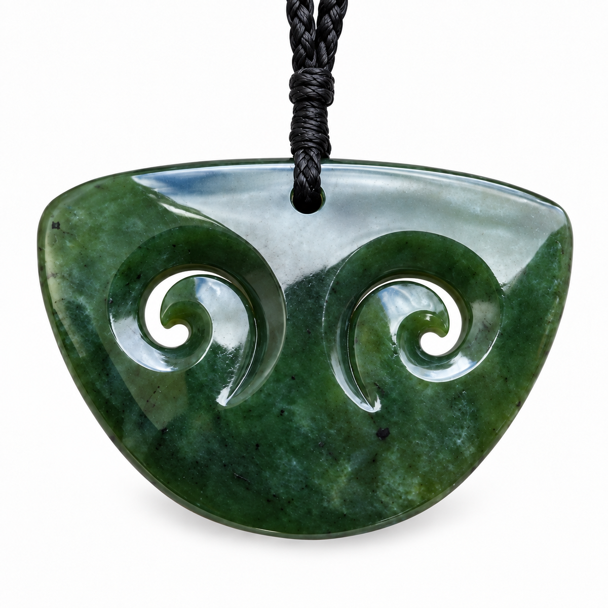 Large Greenstone Nephrite Jade Double Koru Pendant – 56mm Hand-Carved Necklace with Handcrafted Cord | Carving Studio NZ