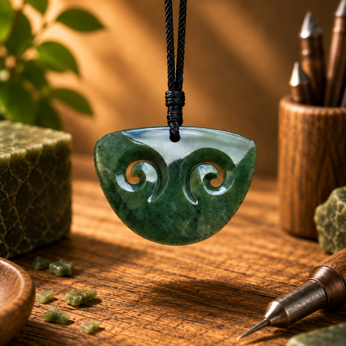 Large hand-carved greenstone nephrite jade double koru pendant 56mm with handcrafted cord | Carving Studio NZ