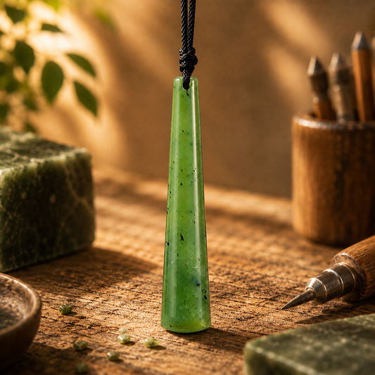 Slender 80mm greenstone jade toki pendant presented in signature canvas gift pouch with story meaning card by Carving Studio NZ