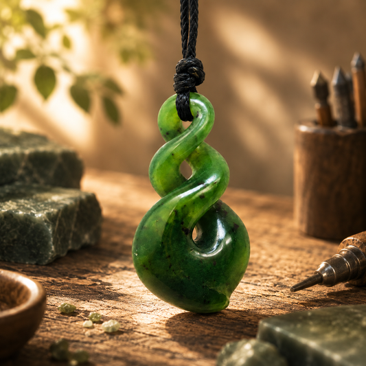 Hand-carved greenstone nephrite jade double twist pikorua pendant with adjustable cord and story meaning card by Carving Studio NZ