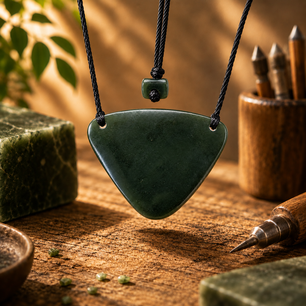 X-large greenstone jade breastplate pendant presented in signature canvas gift pouch with story meaning card by Carving Studio NZ